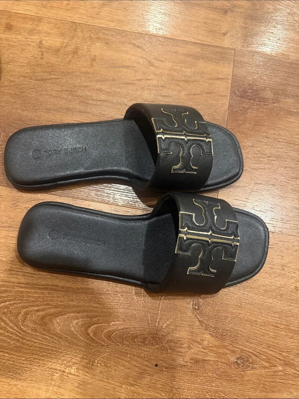 size 39 Tory Burch Black Slide Sandals with Gold Logo Accent